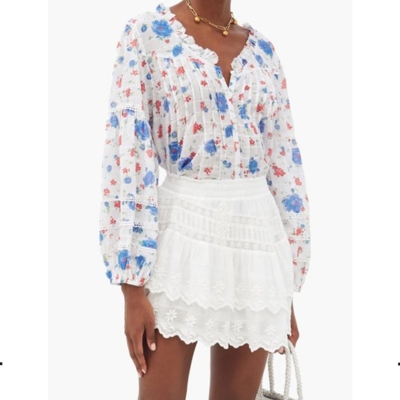 LoveShackFancy | Levine Floral Print Cotton Voile Blouse White Multi - Picture 1 of 12